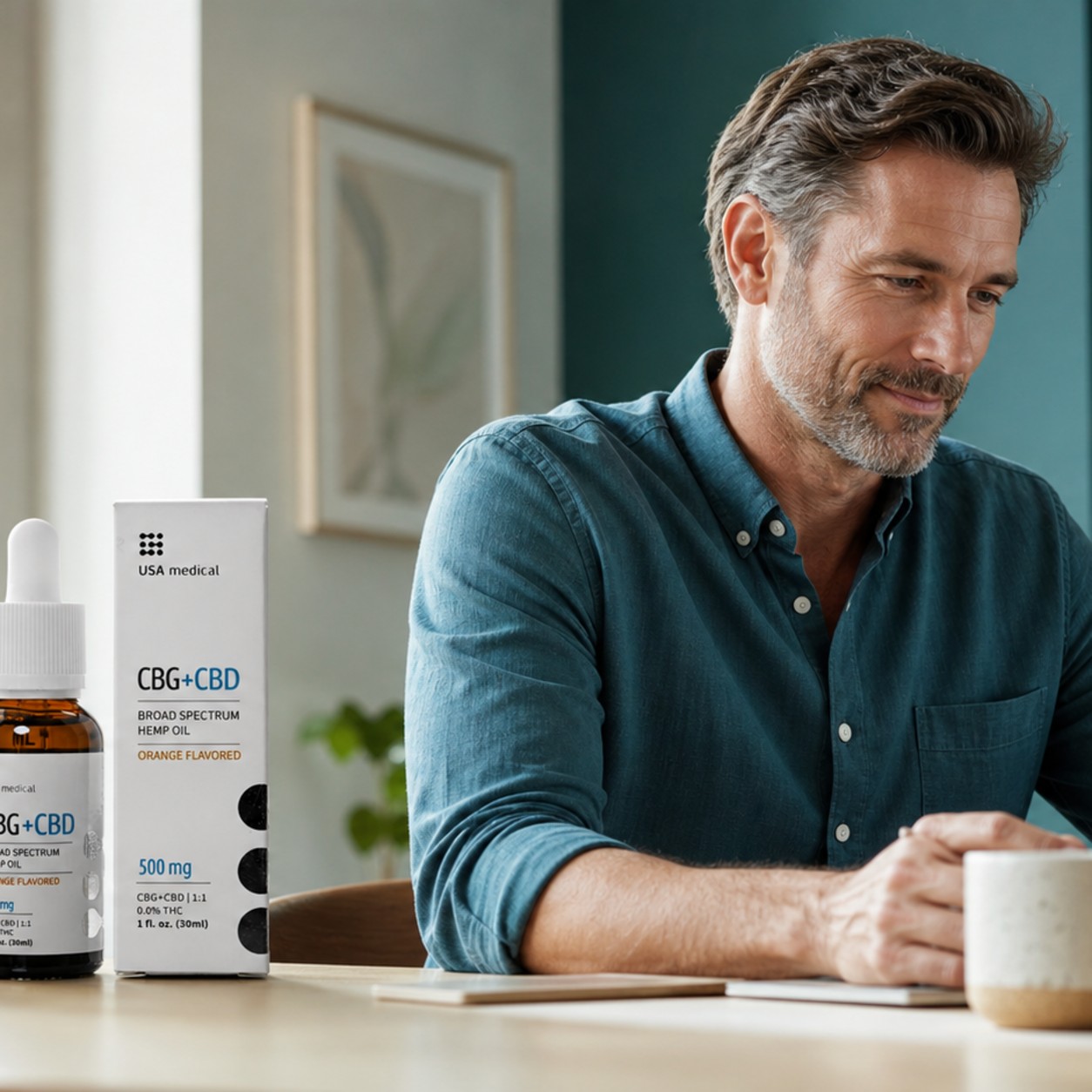USA Medical CBG plus CBD Oil 500 mg beside a man beginning a focused home routine