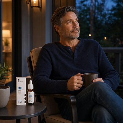 USA Medical CBD Oil 3,000 mg beside a man unwinding on a porch at dusk