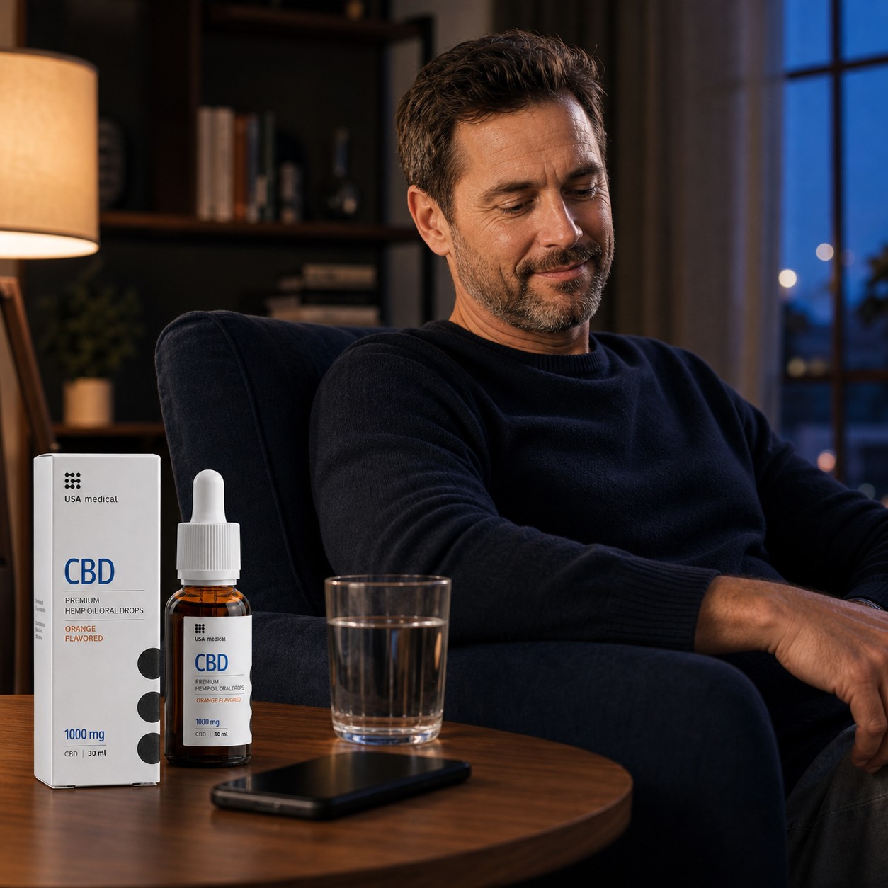USA Medical CBD Oil 1,000 mg beside a man relaxing at home after work