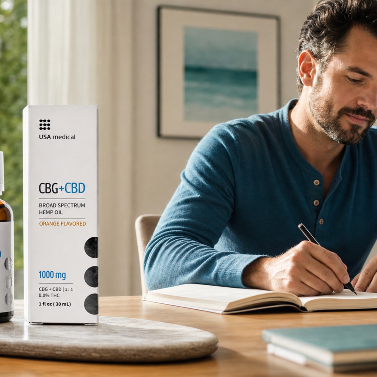USA Medical CBG plus CBD Oil 1,000 mg beside a man beginning a steady home routine
