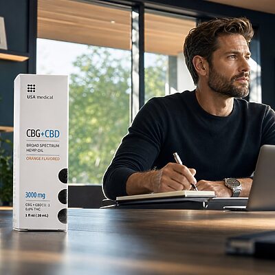 USA Medical CBG plus CBD Oil 3,000 mg beside a man preparing for a focused day