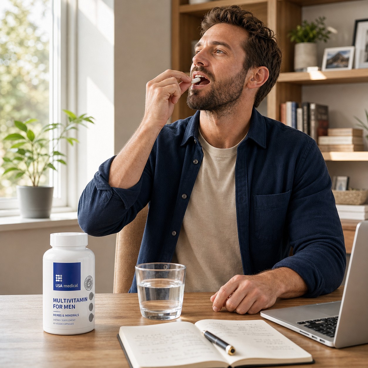 USA Medical Men's Multivitamin beside a man taking his morning capsules in a home office