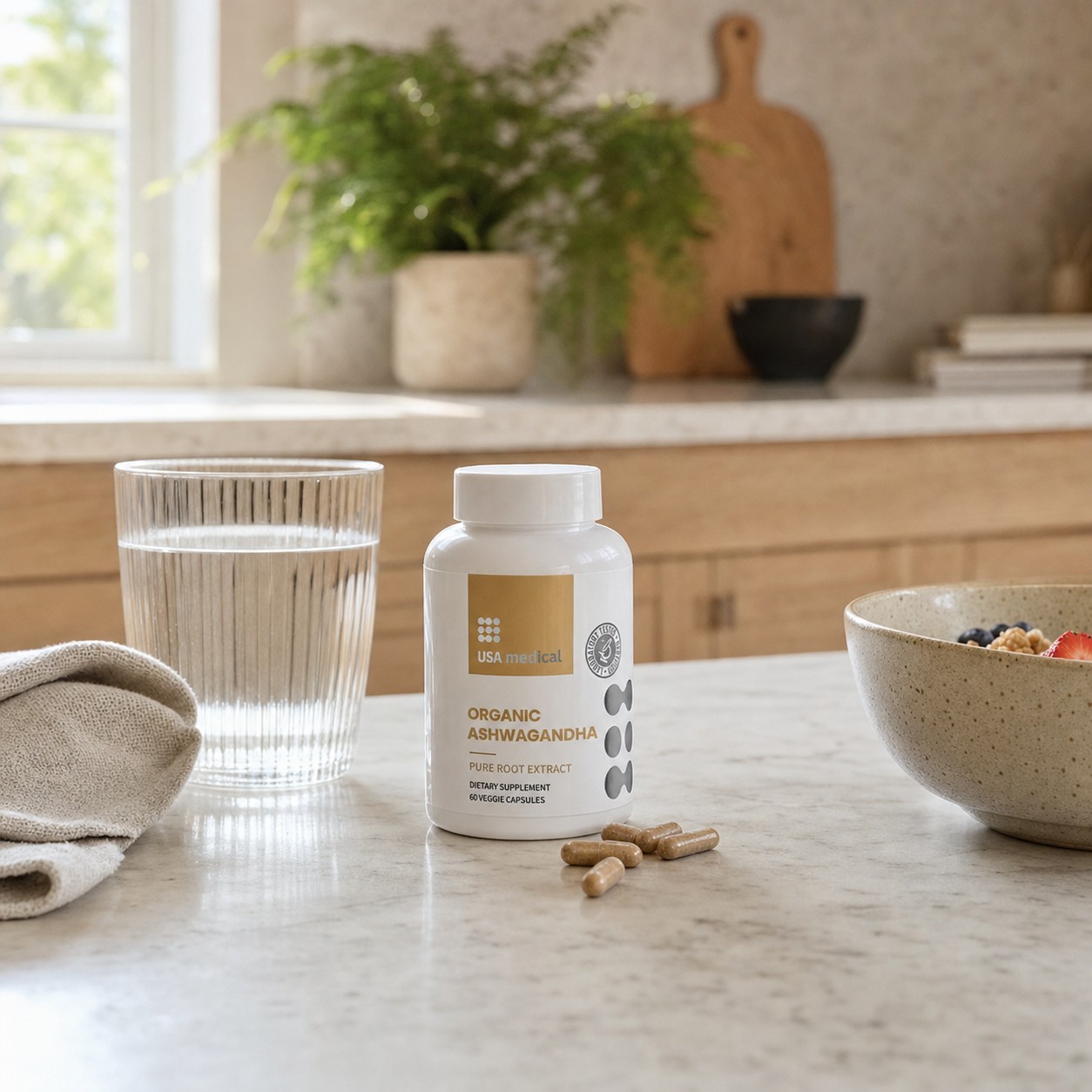 USA Medical Organic Ashwagandha bottle naturally placed on a sunlit kitchen counter beside water and breakfast
