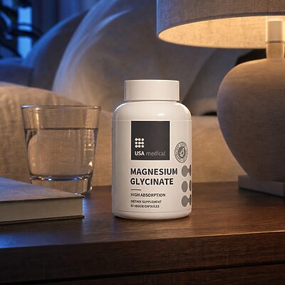 USA Medical Magnesium Glycinate bottle naturally placed on a bedroom nightstand