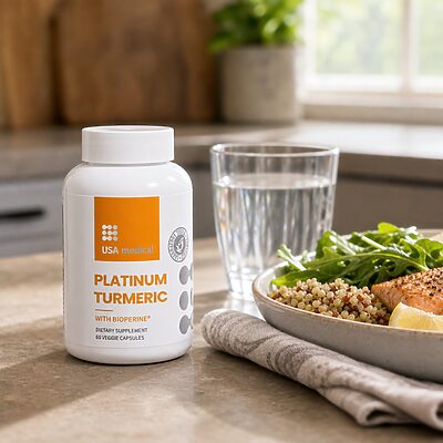 USA Medical Platinum Turmeric with BioPerine bottle beside a healthy lunch and water