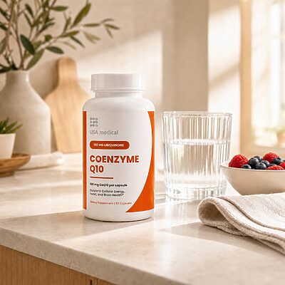 USA Medical Coenzyme Q10 bottle beside water and berries in a sunlit kitchen