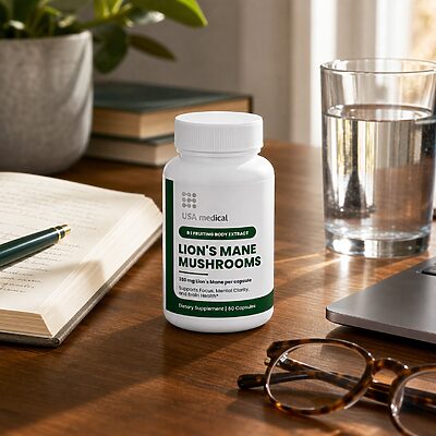 USA Medical Lion's Mane bottle with water notebook and glasses on a home office desk