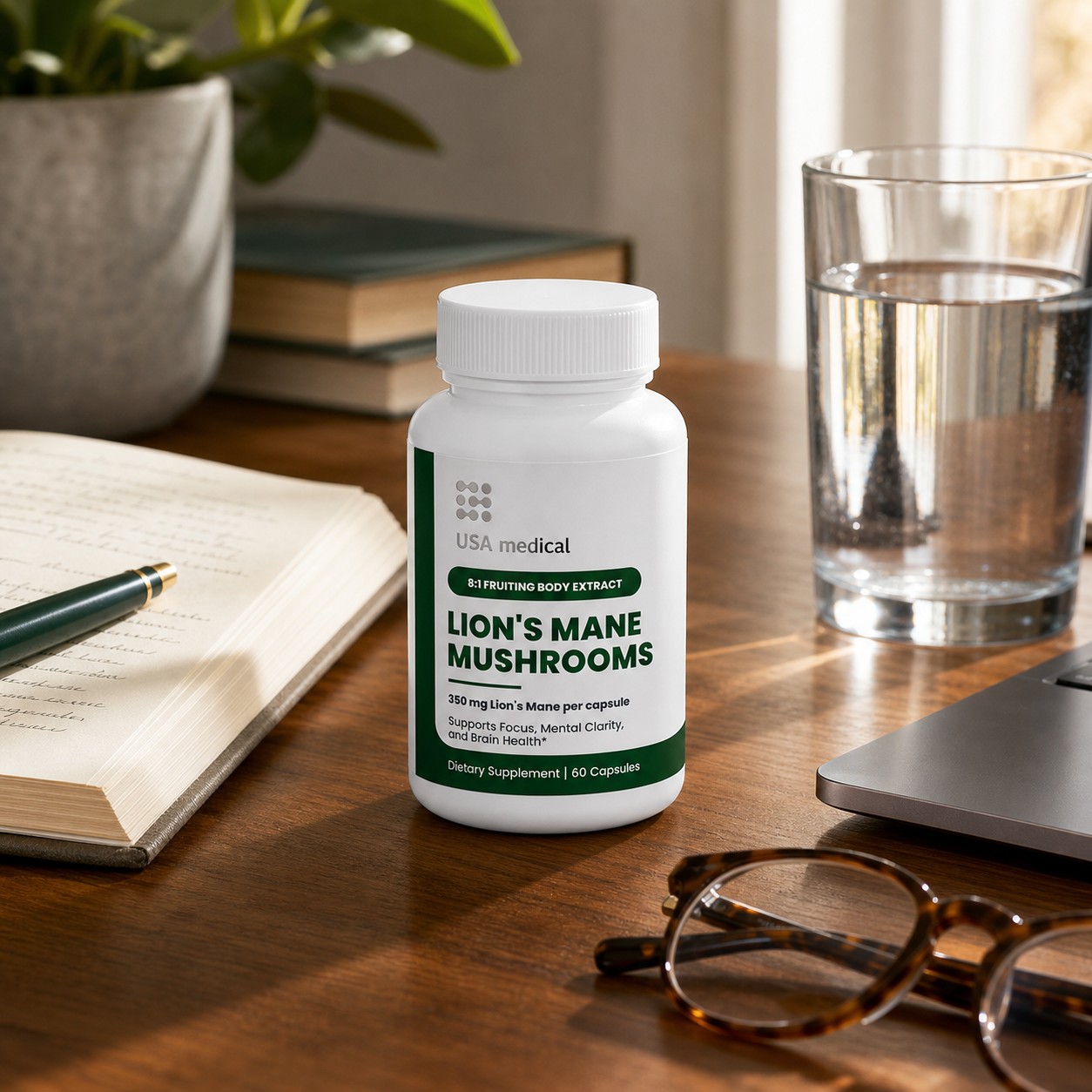 USA Medical Lion's Mane bottle with water notebook and glasses on a home office desk