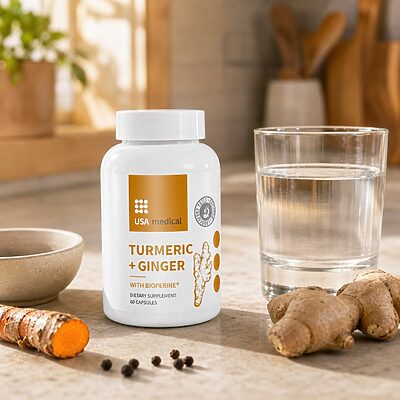 USA Medical Turmeric + Ginger with BioPerine bottle with turmeric root, ginger, black pepper, and water