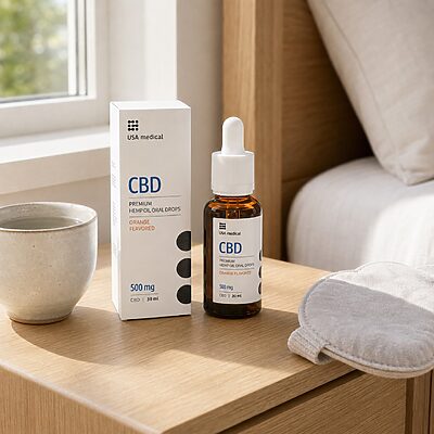 USA Medical CBD Oil 500 mg bottle and carton on a sunlit bedside table