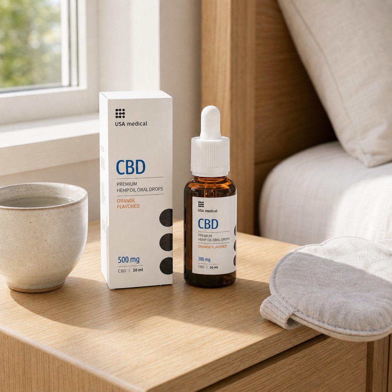 USA Medical CBD Oil 500 mg bottle and carton on a sunlit bedside table