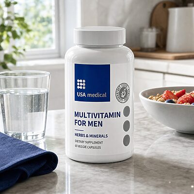 USA Medical Men's Multivitamin bottle with breakfast and water in a sunlit kitchen