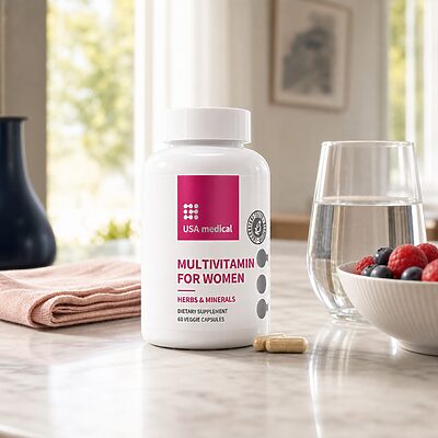 USA Medical Women's Multivitamin bottle with berries and water in a sunlit kitchen