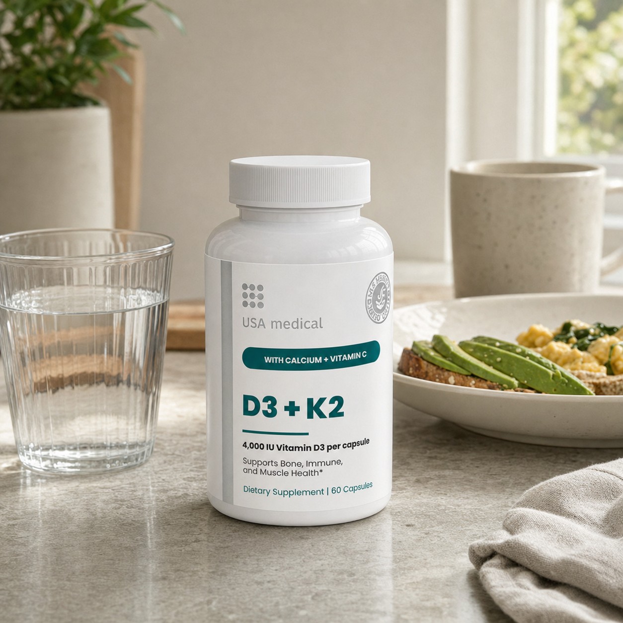 USA Medical Vitamin D3 + K2 bottle beside food and water in a realistic breakfast setting