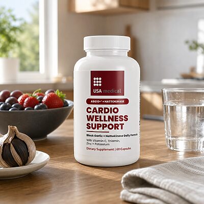 USA Medical Cardio Wellness Support bottle with water, berries, grapes, and black garlic in a sunlit kitchen