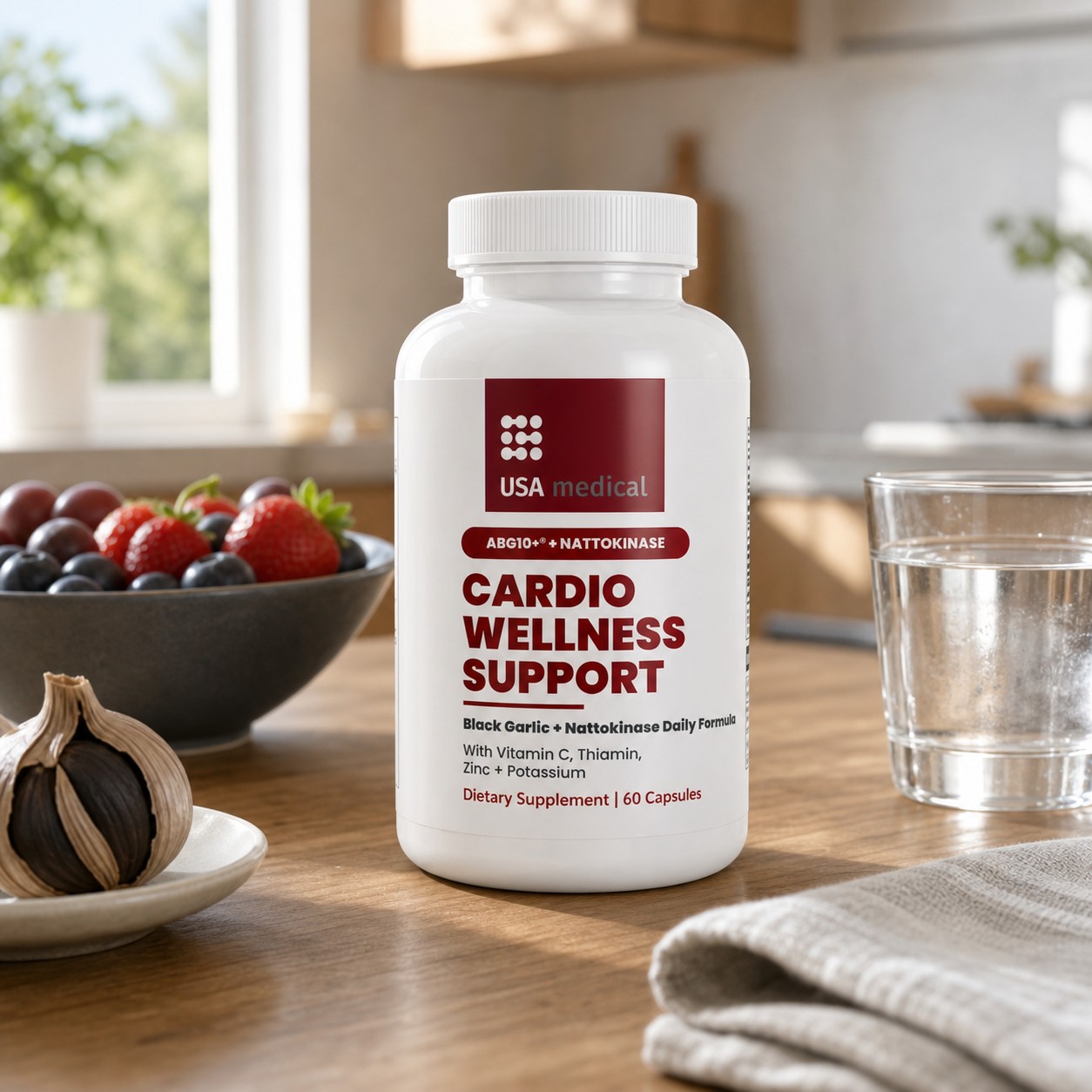 USA Medical Cardio Wellness Support bottle with water, berries, grapes, and black garlic in a sunlit kitchen