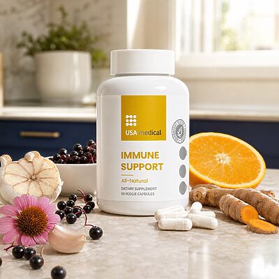 USA Medical Immune Support bottle with elderberry, echinacea, garlic, turmeric, and orange