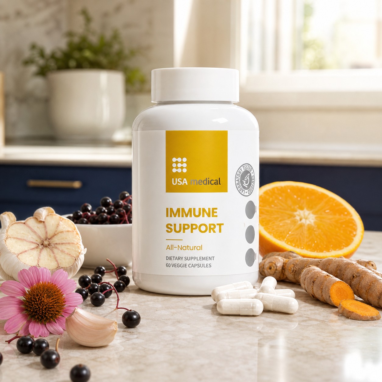 USA Medical Immune Support bottle with elderberry, echinacea, garlic, turmeric, and orange