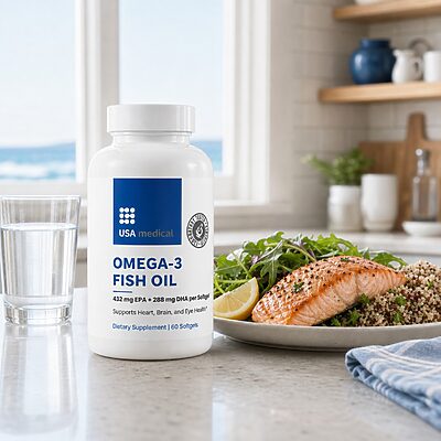 USA Medical Omega-3 Fish Oil bottle in a realistic meal-time setting