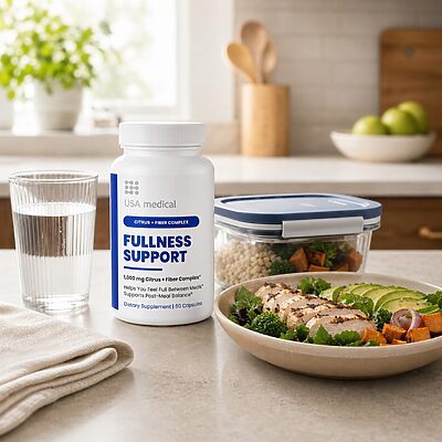 USA Medical Fullness Support bottle beside water and a balanced meal-prep setting
