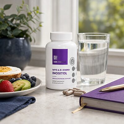USA Medical Myo + D-Chiro Inositol bottle beside water, breakfast, and a planner
