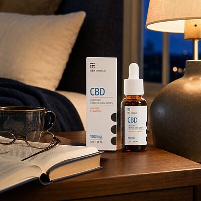 USA Medical CBD Oil 1,000 mg bottle and dropper in a warm home reading nook