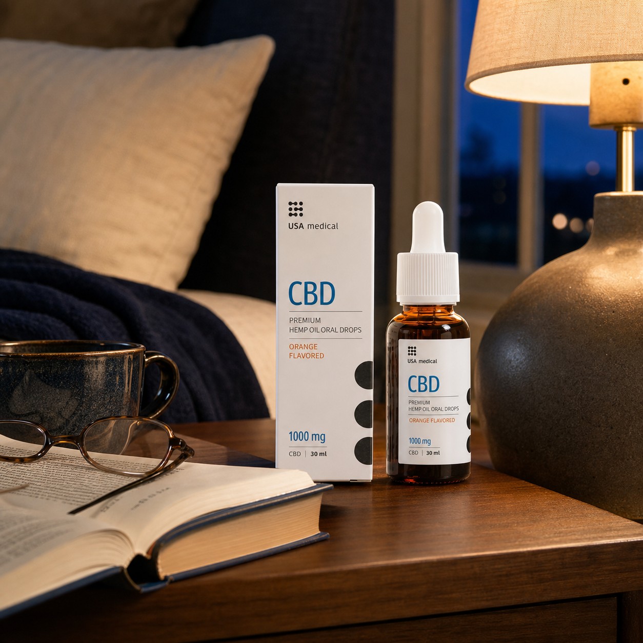 USA Medical CBD Oil 1,000 mg bottle and dropper in a warm home reading nook