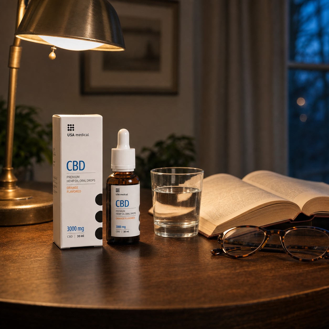 USA Medical CBD Oil 3,000 mg bottle and carton beside a book under a warm reading lamp