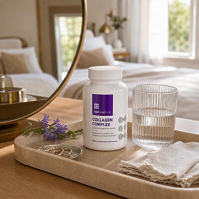 USA Medical Collagen Complex bottle in a realistic premium self-care setting