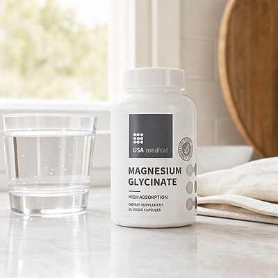 USA Medical Magnesium Glycinate bottle and water in soft morning light