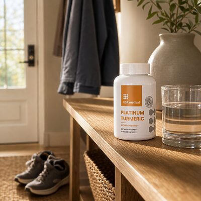USA Medical Platinum Turmeric with BioPerine bottle in a warm home entryway