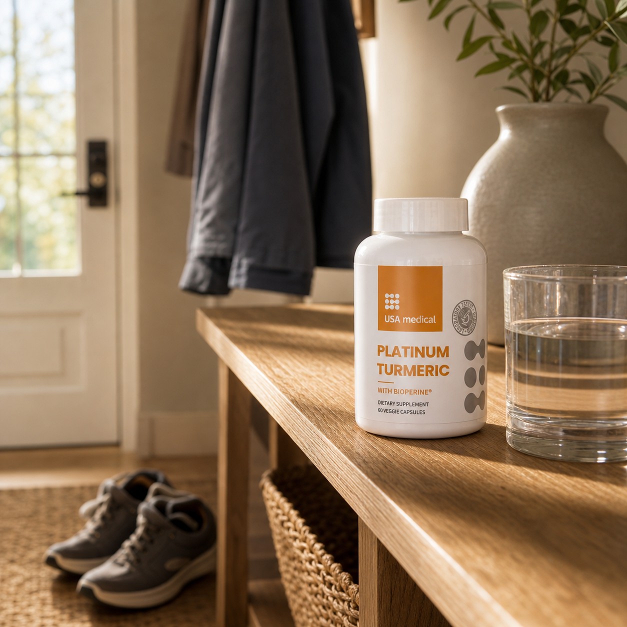 USA Medical Platinum Turmeric with BioPerine bottle in a warm home entryway