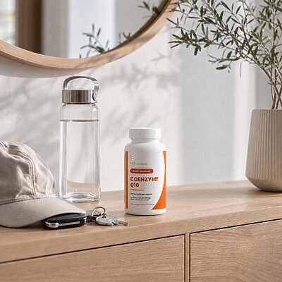 USA Medical Coenzyme Q10 bottle with water and walking essentials in a home entryway