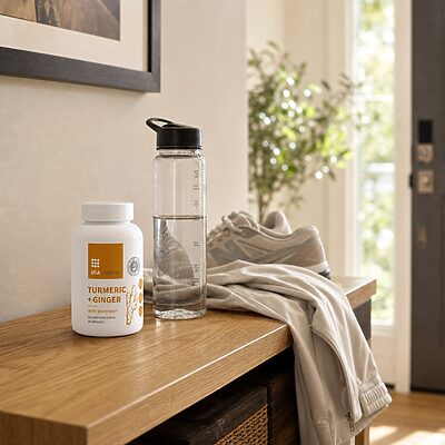 USA Medical Turmeric + Ginger with BioPerine bottle in a warm home entryway with walking shoes and water