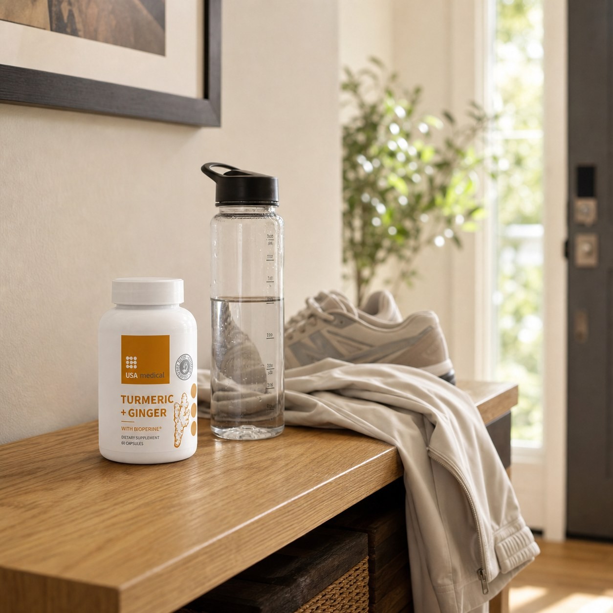 USA Medical Turmeric + Ginger with BioPerine bottle in a warm home entryway with walking shoes and water