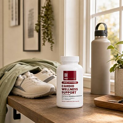 USA Medical Cardio Wellness Support bottle in a bright home entryway with walking shoes and water