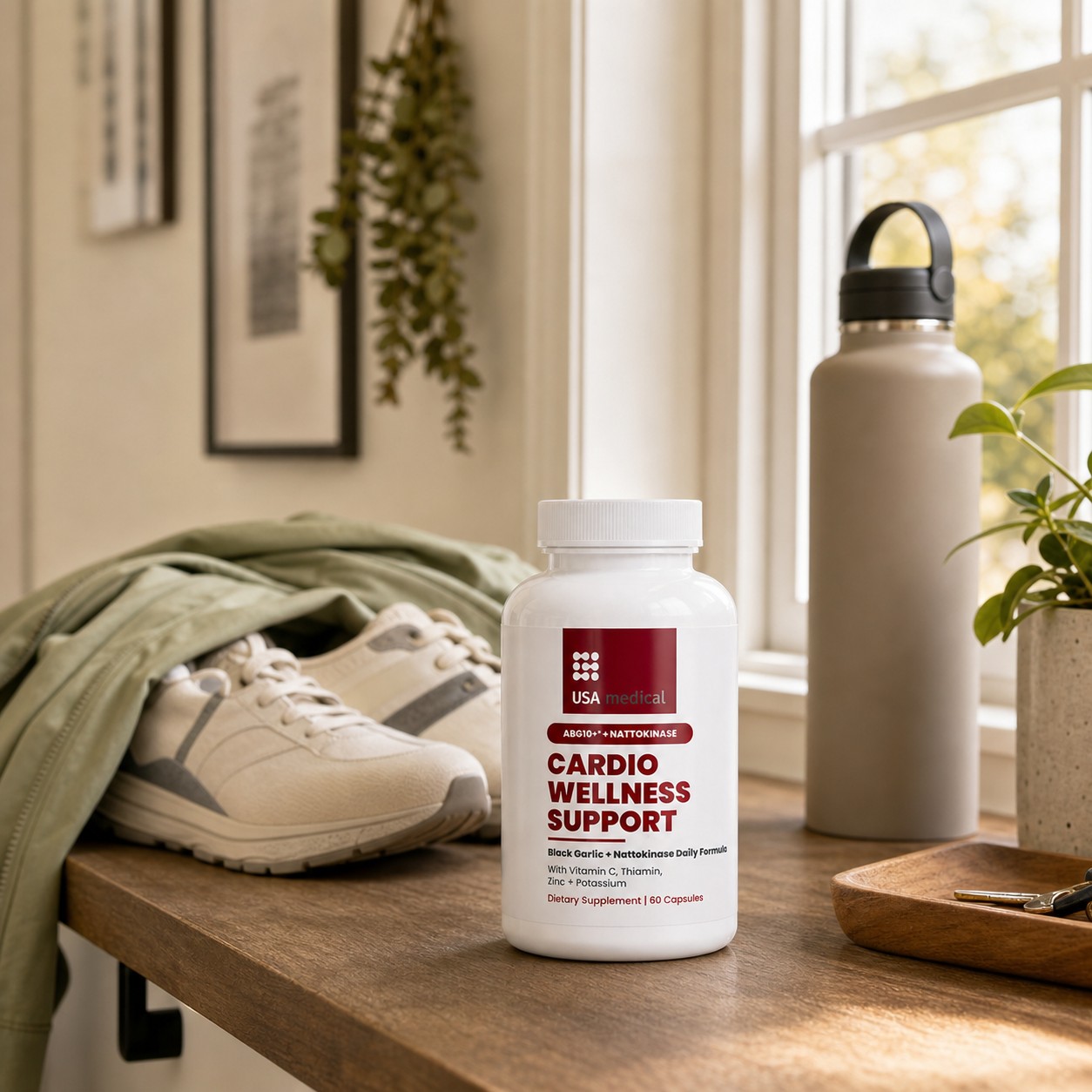 USA Medical Cardio Wellness Support bottle in a bright home entryway with walking shoes and water