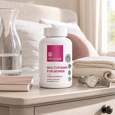 USA Medical Women's Multivitamin bottle with water and morning essentials on a bedroom dresser