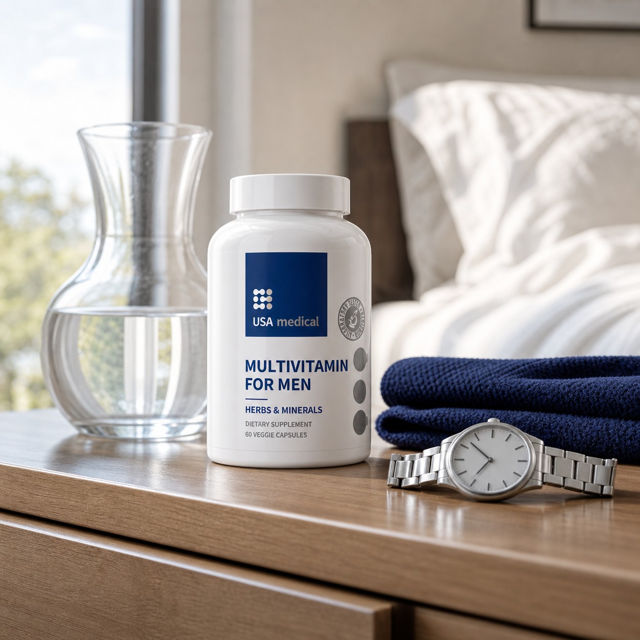 USA Medical Men's Multivitamin bottle with water and morning essentials on a bedroom dresser