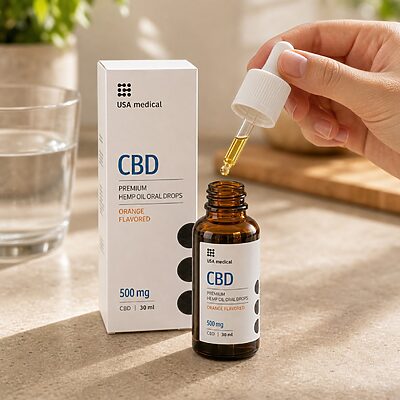 USA Medical CBD Oil 500 mg bottle with a measured dropper in a bright home setting