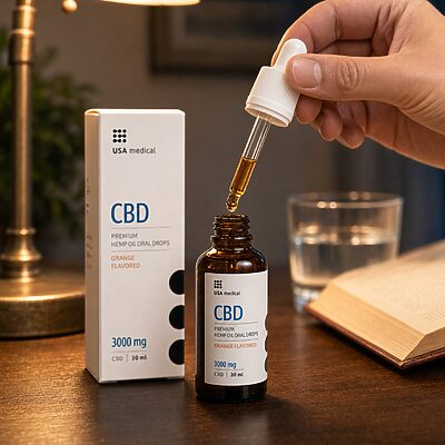 USA Medical CBD Oil 3,000 mg bottle with a measured dropper in a warm home setting