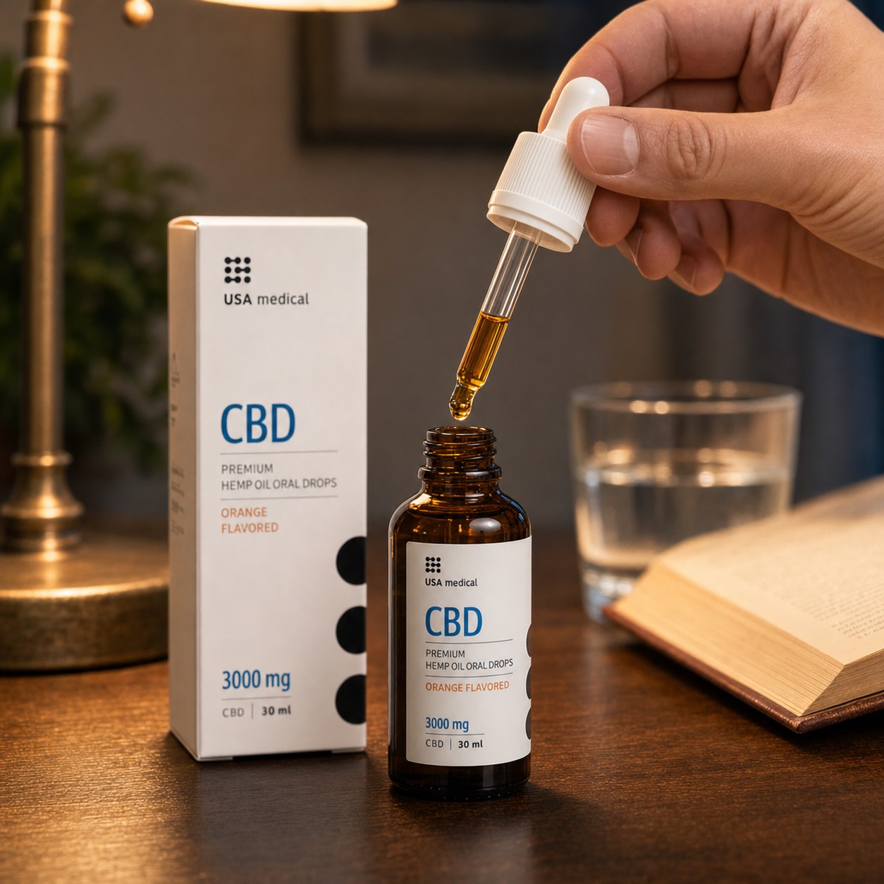 USA Medical CBD Oil 3,000 mg bottle with a measured dropper in a warm home setting