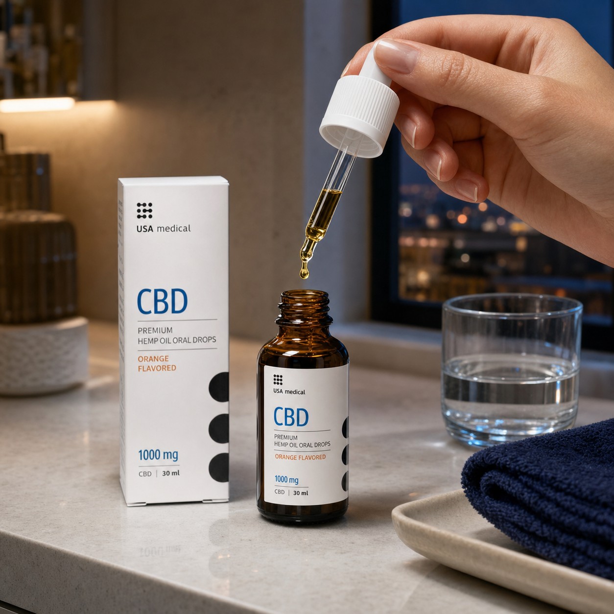 USA Medical CBD Oil 1,000 mg bottle with dropper in a realistic evening home setting