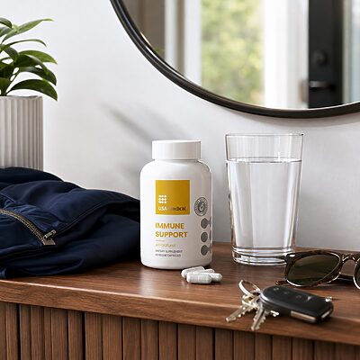 USA Medical Immune Support bottle beside water in a realistic ready-for-the-day routine