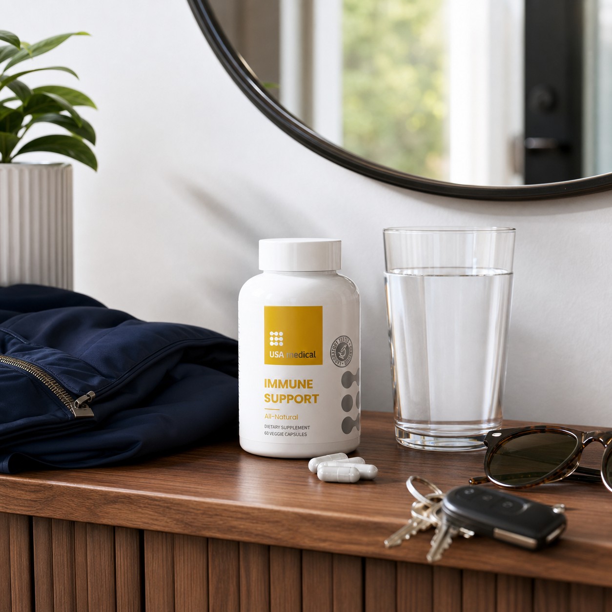 USA Medical Immune Support bottle beside water in a realistic ready-for-the-day routine