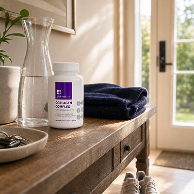 USA Medical Collagen Complex bottle in a realistic everyday movement setting
