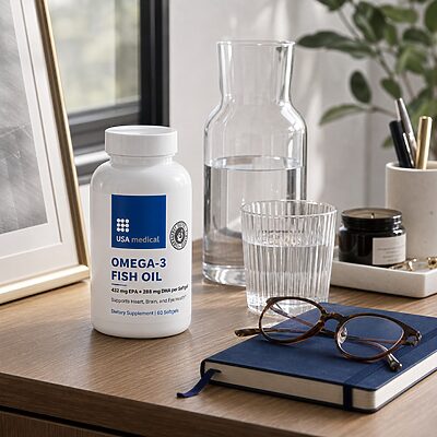 USA Medical Omega-3 Fish Oil bottle in a realistic home-office wellness setting
