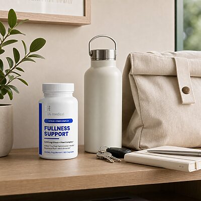 USA Medical Fullness Support bottle in a realistic everyday on-the-go routine