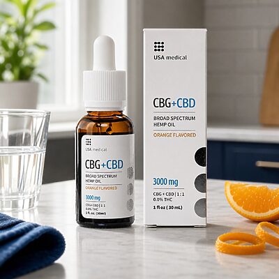 USA Medical CBG plus CBD Oil 3,000 mg bottle and carton in a bright kitchen with water and fresh orange