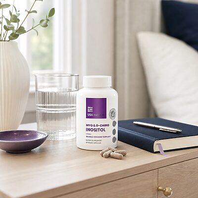 USA Medical Myo + D-Chiro Inositol bottle beside water and a journal in a calm daily setting